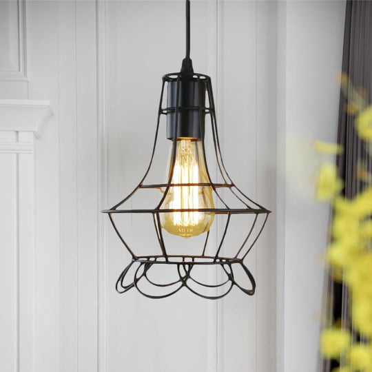Metal Industrial Pendant Lighting With Flower Cage Shade - Height Adjustable Ceiling Fixture For