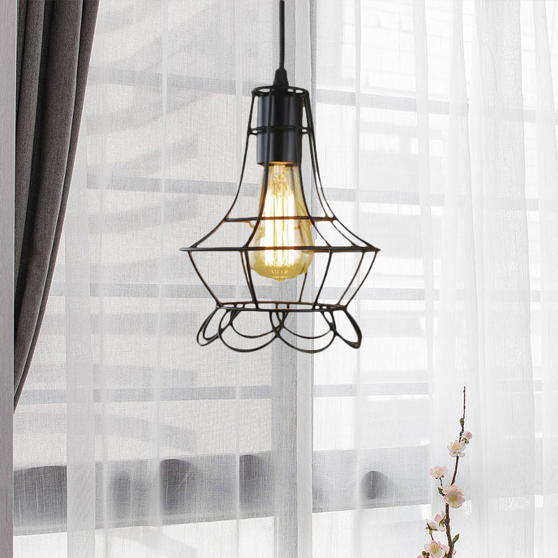 Industrial Metal Pendant Lighting with Height Adjustable Flower Cage Shade - Perfect for Bedroom Ceilings
