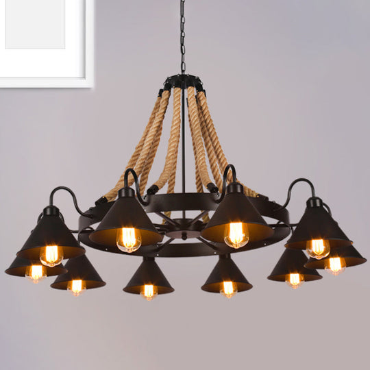 Lustre conique métallique de style ferme - Suspension à 6/8 lumières avec détails en corde, noir
