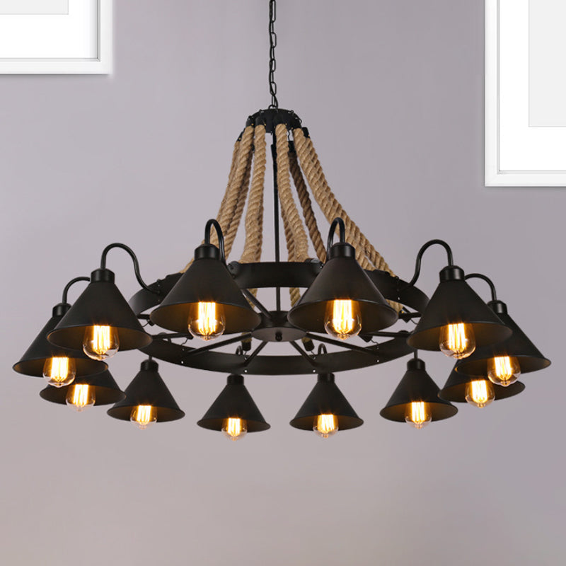 Lustre conique métallique de style ferme - Suspension à 6/8 lumières avec détails en corde, noir