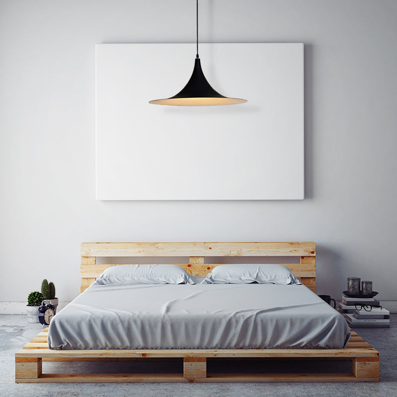 Contemporary Hanging Ceiling Light with Flared Shade - Metallic Pendant Lighting for Bedroom in White/Black