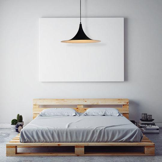 Contemporary Hanging Ceiling Light with Flared Shade - Metallic Pendant Lighting for Bedroom in White/Black