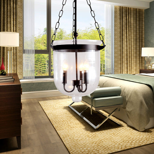 Industrial Clear Glass Chandelier Pendant Light - 3-Light Black Hanging Fixture for Dining Room with Domed Design and Chain