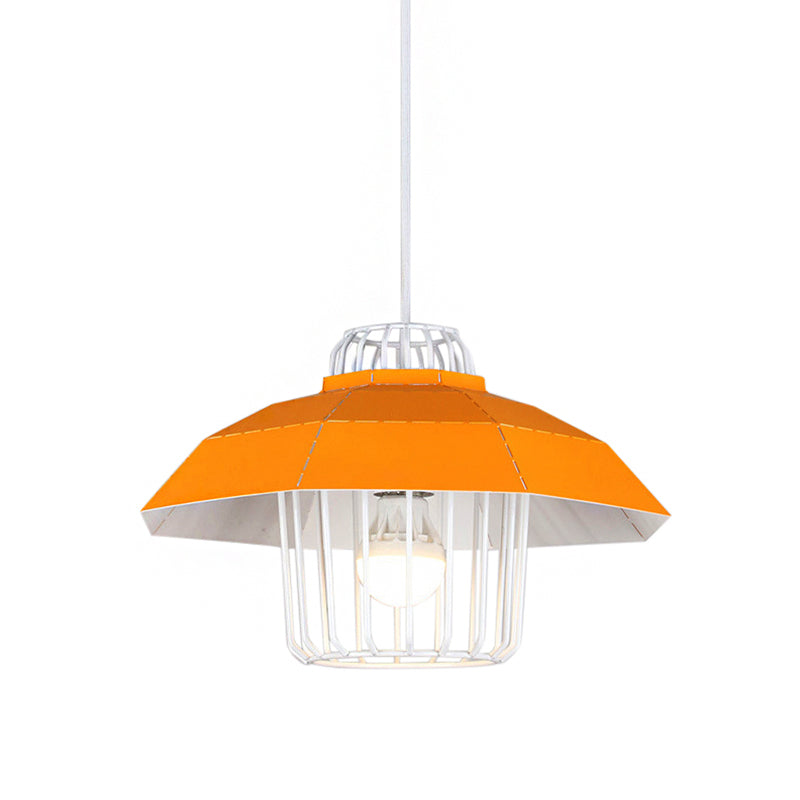 Macaron Style Drum/Bowl Shade Pendant Light - Metallic Hanging Lamp In Blue/Orange For Dining Table