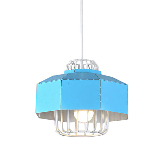Macaron Style Drum/Bowl Shade Pendant Light - Metallic Hanging Lamp In Blue/Orange For Dining Table
