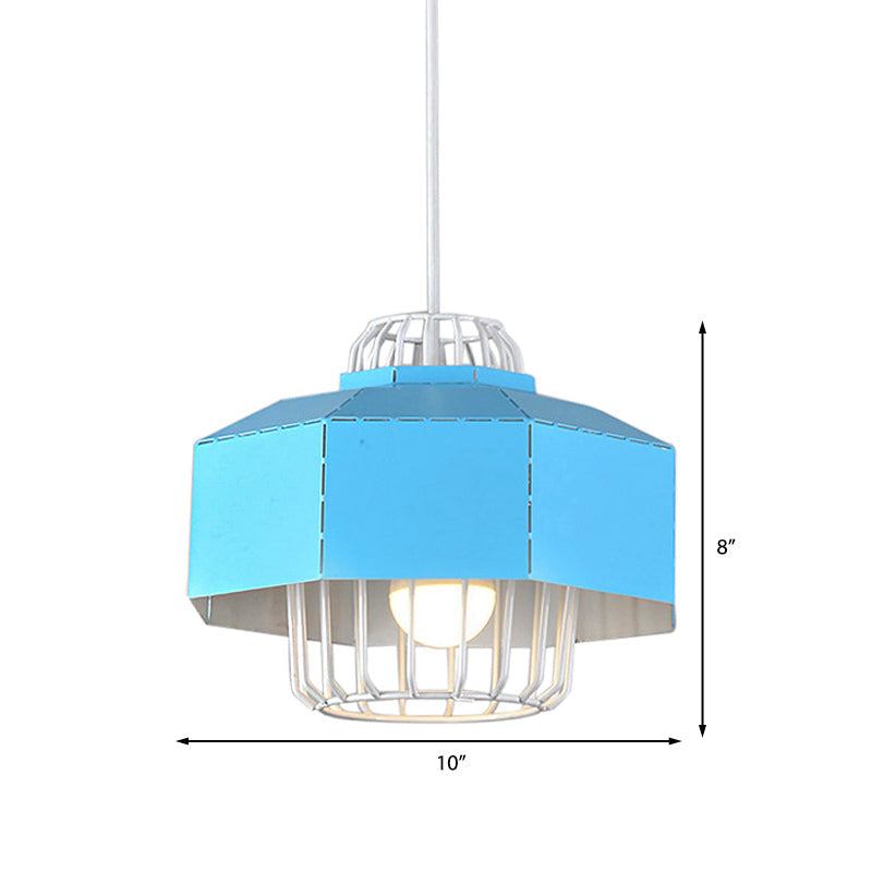 Macaron Style Drum/Bowl Shade Pendant Light - Metallic Hanging Lamp In Blue/Orange For Dining Table