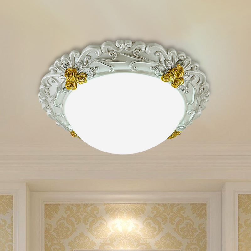 Milky Glass LED Ceiling Fixture - Traditional Semi-Orb Flush Mount Light with White and Gold/Brown Floral Edge
