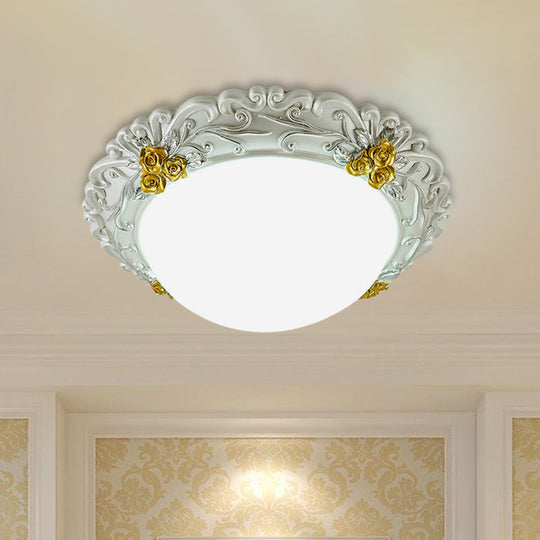 Milky Glass LED Ceiling Fixture - Traditional Semi-Orb Flush Mount Light with White and Gold/Brown Floral Edge