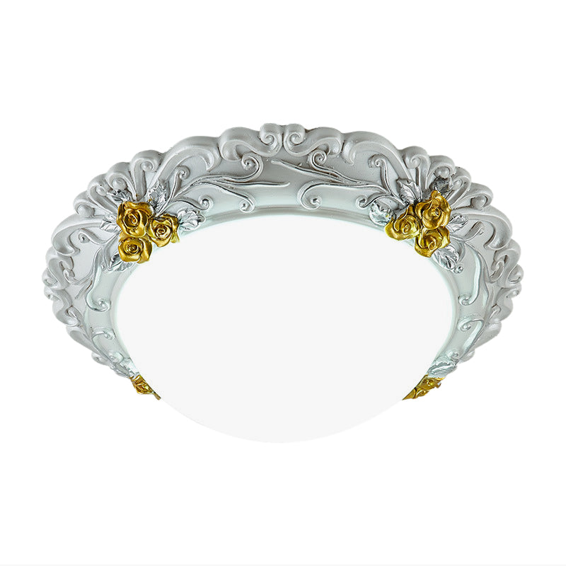 Milky Glass LED Ceiling Fixture - Traditional Semi-Orb Flush Mount Light with White and Gold/Brown Floral Edge