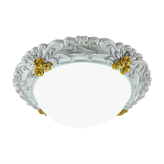 Milky Glass LED Ceiling Fixture - Traditional Semi-Orb Flush Mount Light with White and Gold/Brown Floral Edge