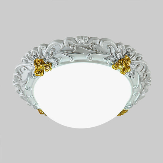 Milky Glass LED Ceiling Fixture - Traditional Semi-Orb Flush Mount Light with White and Gold/Brown Floral Edge