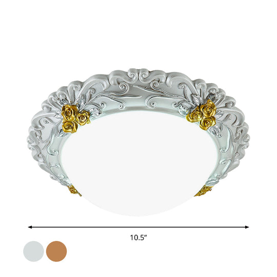 Milky Glass LED Ceiling Fixture - Traditional Semi-Orb Flush Mount Light with White and Gold/Brown Floral Edge