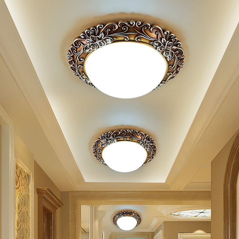 Milky Glass Led Ceiling Fixture - Traditional Semi-Orb Flush Mount Light With White And Gold/Brown