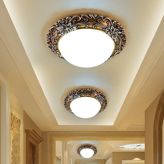 Milky Glass Led Ceiling Fixture - Traditional Semi-Orb Flush Mount Light With White And Gold/Brown