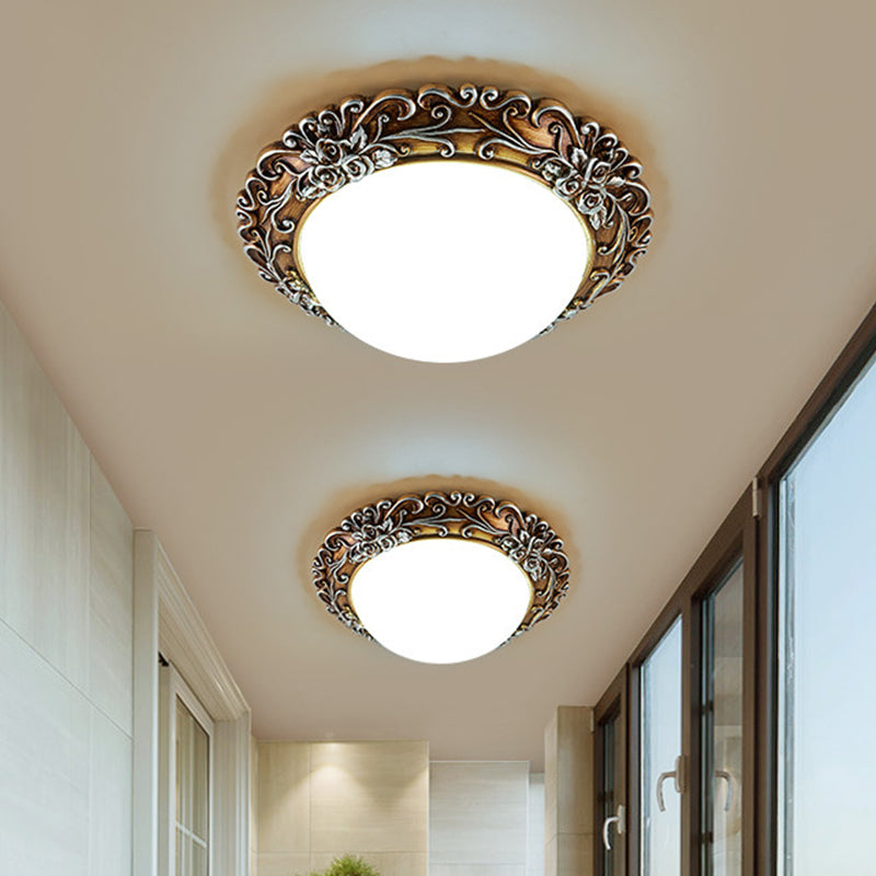 Milky Glass LED Ceiling Fixture - Traditional Semi-Orb Flush Mount Light with White and Gold/Brown Floral Edge