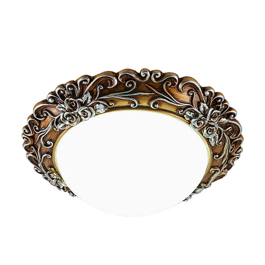 Milky Glass LED Ceiling Fixture - Traditional Semi-Orb Flush Mount Light with White and Gold/Brown Floral Edge