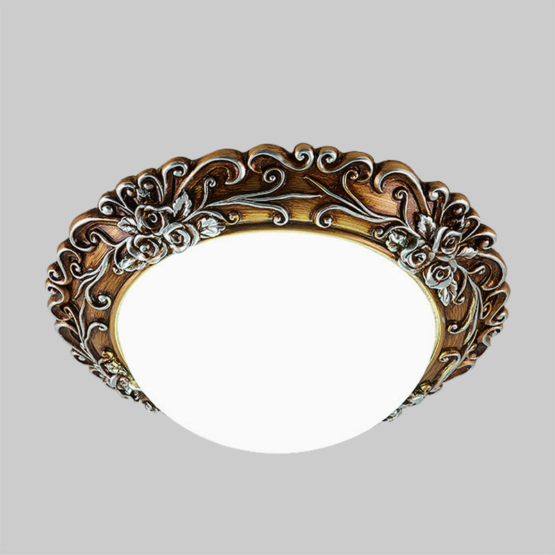 Milky Glass LED Ceiling Fixture - Traditional Semi-Orb Flush Mount Light with White and Gold/Brown Floral Edge