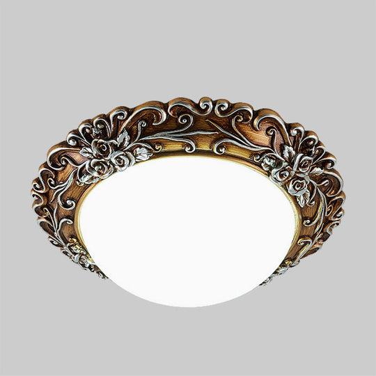 Milky Glass LED Ceiling Fixture - Traditional Semi-Orb Flush Mount Light with White and Gold/Brown Floral Edge