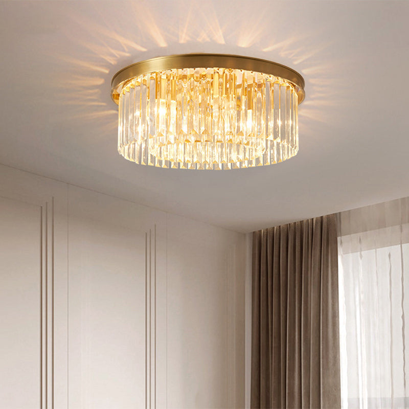 Gold Round Bedroom Flush Mount Lamp, 4/5 Clear Crystal Prisms, 16"/19.5" Wide