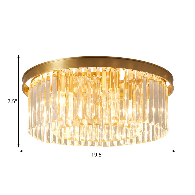 Gold Round Bedroom Flush Mount Lamp, 4/5 Clear Crystal Prisms, 16"/19.5" Wide