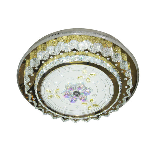 Contemporary Led Bedroom Ceiling Fixture - Crystal Blocks Round Flush Mount In Stainless-Steel