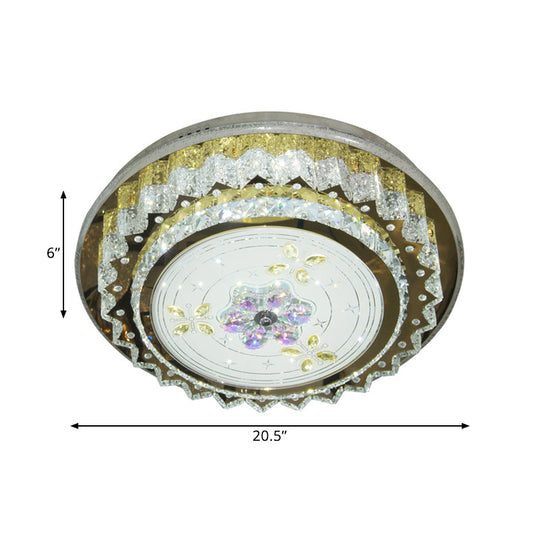 Contemporary LED Bedroom Ceiling Fixture - Crystal Blocks Round Flush Mount in Stainless-Steel