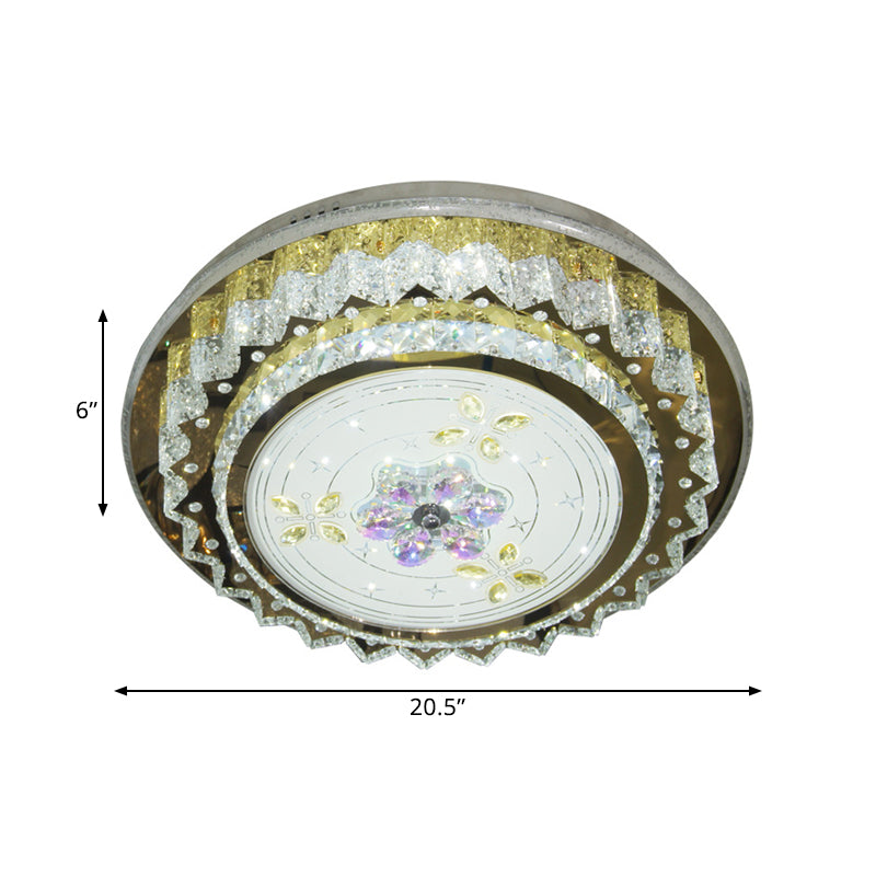 Contemporary Led Bedroom Ceiling Fixture - Crystal Blocks Round Flush Mount In Stainless-Steel