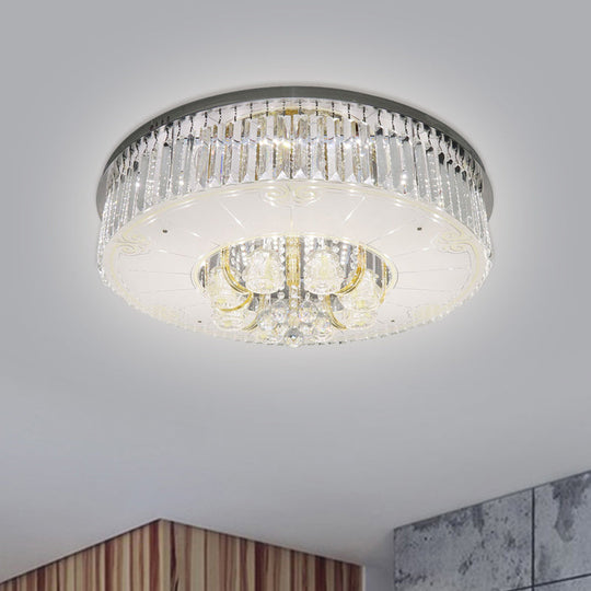 Modern Nickel LED Flush Mount Lamp with Clear Crystal Prisms Drum Design - Stylish Ceiling Lighting