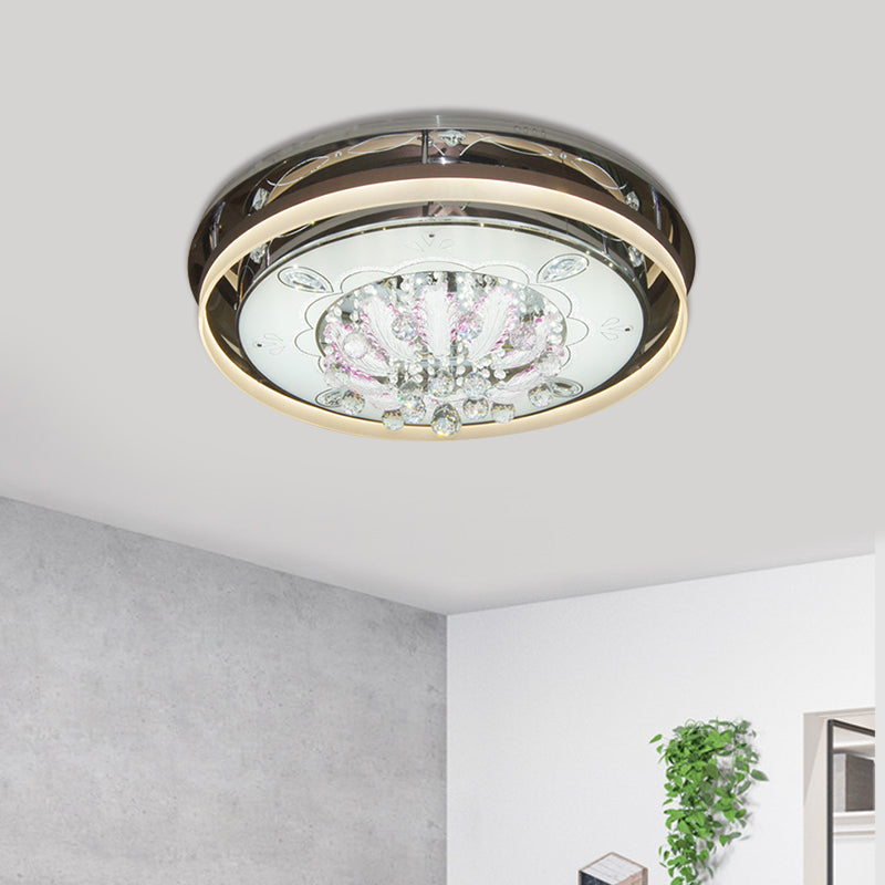 Modern Drum LED Flush Ceiling Light with Clear Crystal Draping - 23.5"/31.5" Wide, Stainless-Steel Fixture
