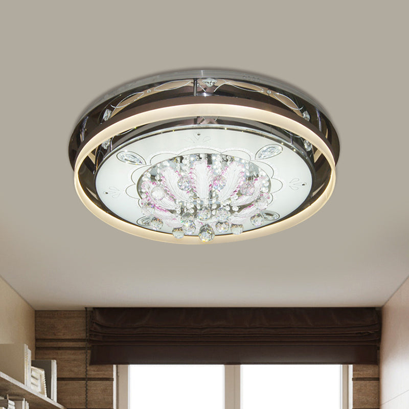 Modern Drum LED Flush Ceiling Light with Clear Crystal Draping - 23.5"/31.5" Wide, Stainless-Steel Fixture