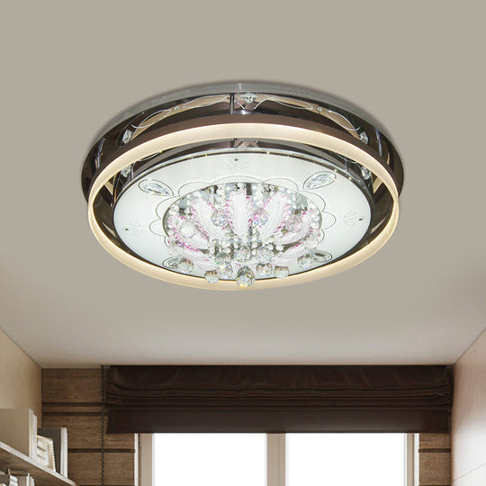 Modern Drum LED Flush Ceiling Light with Clear Crystal Draping - 23.5"/31.5" Wide, Stainless-Steel Fixture