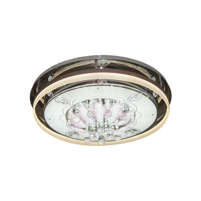 Modern Drum LED Flush Ceiling Light with Clear Crystal Draping - 23.5"/31.5" Wide, Stainless-Steel Fixture