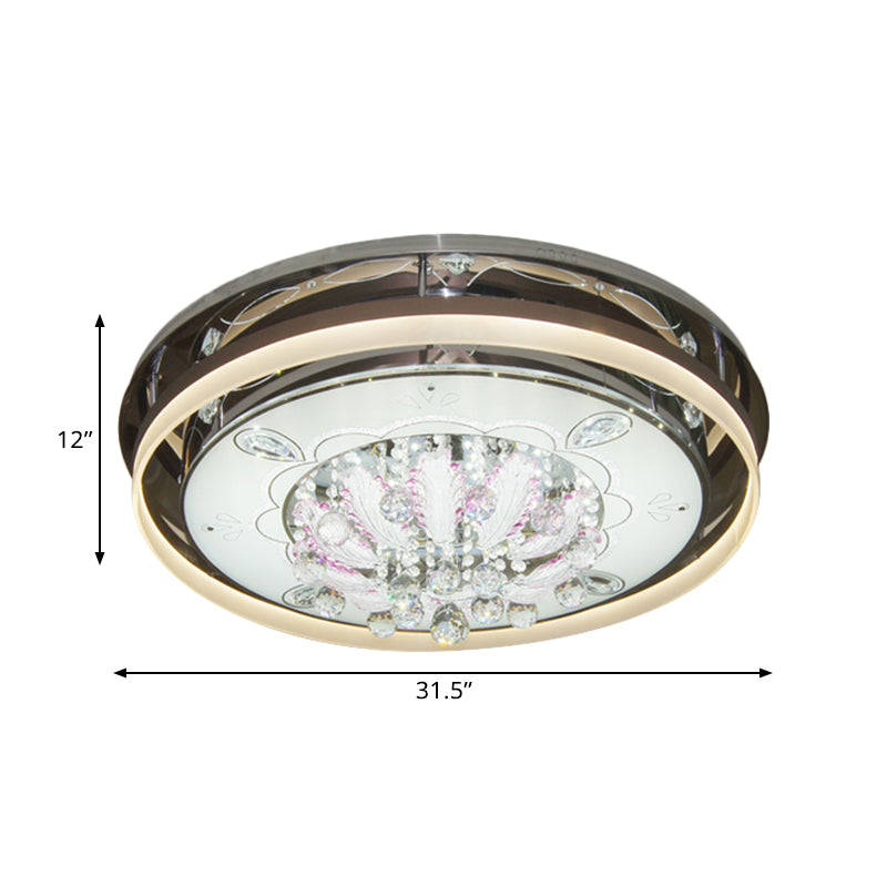Modern Drum LED Flush Ceiling Light with Clear Crystal Draping - 23.5"/31.5" Wide, Stainless-Steel Fixture