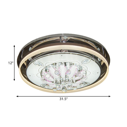 Modern Drum LED Flush Ceiling Light with Clear Crystal Draping - 23.5"/31.5" Wide, Stainless-Steel Fixture