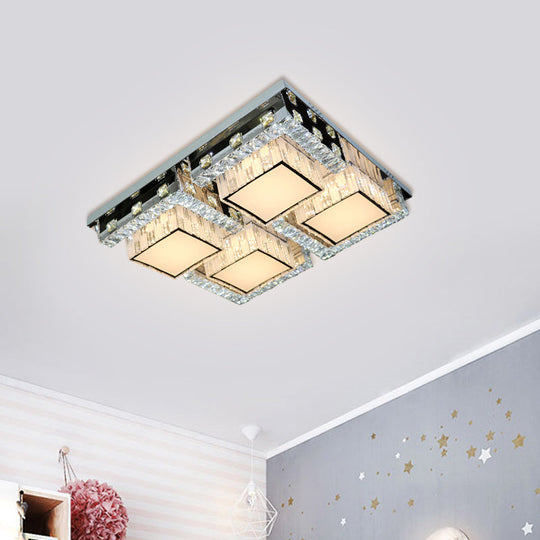 Modern Stainless-Steel LED Ceiling Light with Crystal Blocks - Rectangle/Square Shape, White Cubic Shade - 31"/46.5" Wide