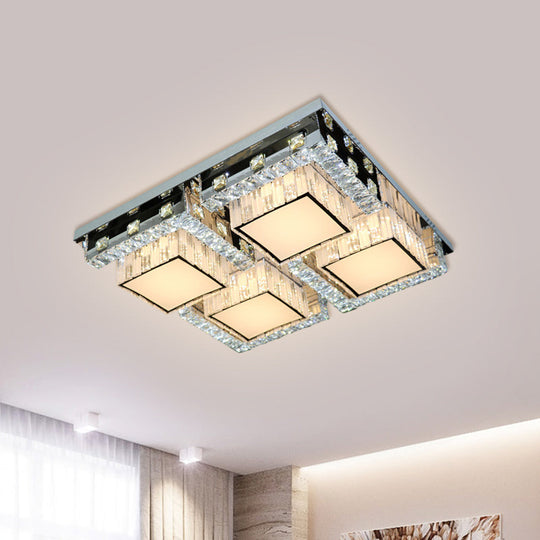 Modern Stainless-Steel LED Ceiling Light with Crystal Blocks - Rectangle/Square Shape, White Cubic Shade - 31"/46.5" Wide