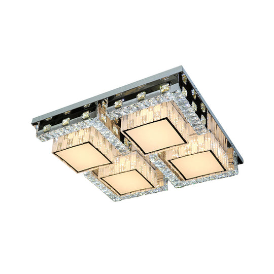 Modern Stainless-Steel LED Ceiling Light with Crystal Blocks - Rectangle/Square Shape, White Cubic Shade - 31"/46.5" Wide