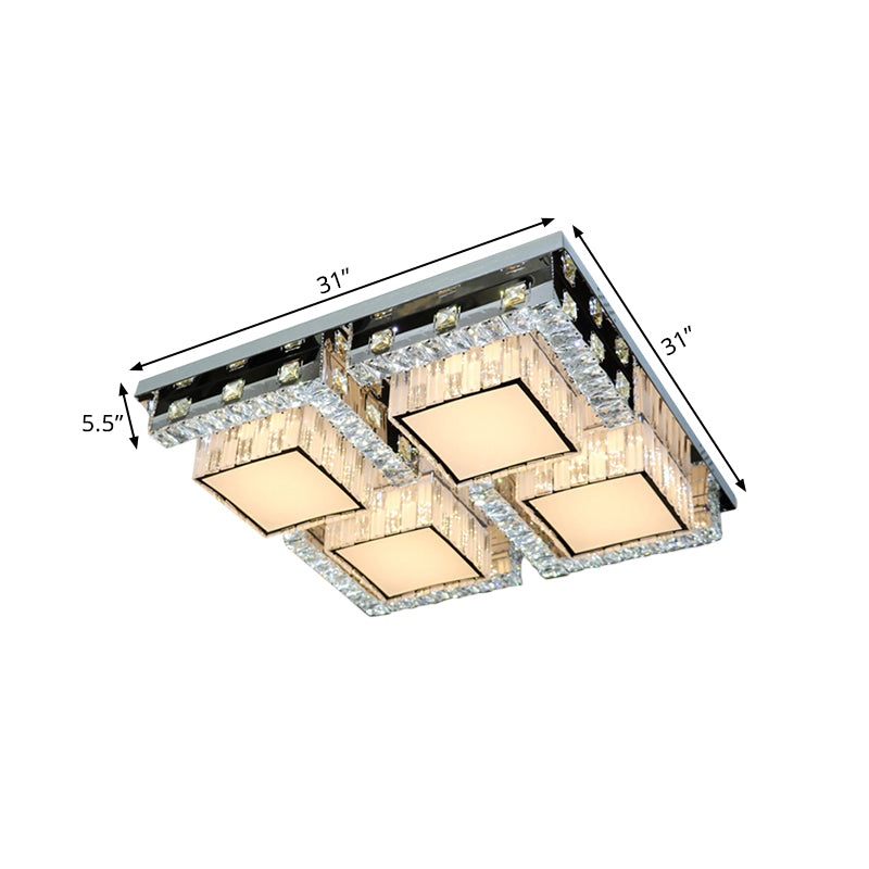Modern Stainless-Steel LED Ceiling Light with Crystal Blocks - Rectangle/Square Shape, White Cubic Shade - 31"/46.5" Wide