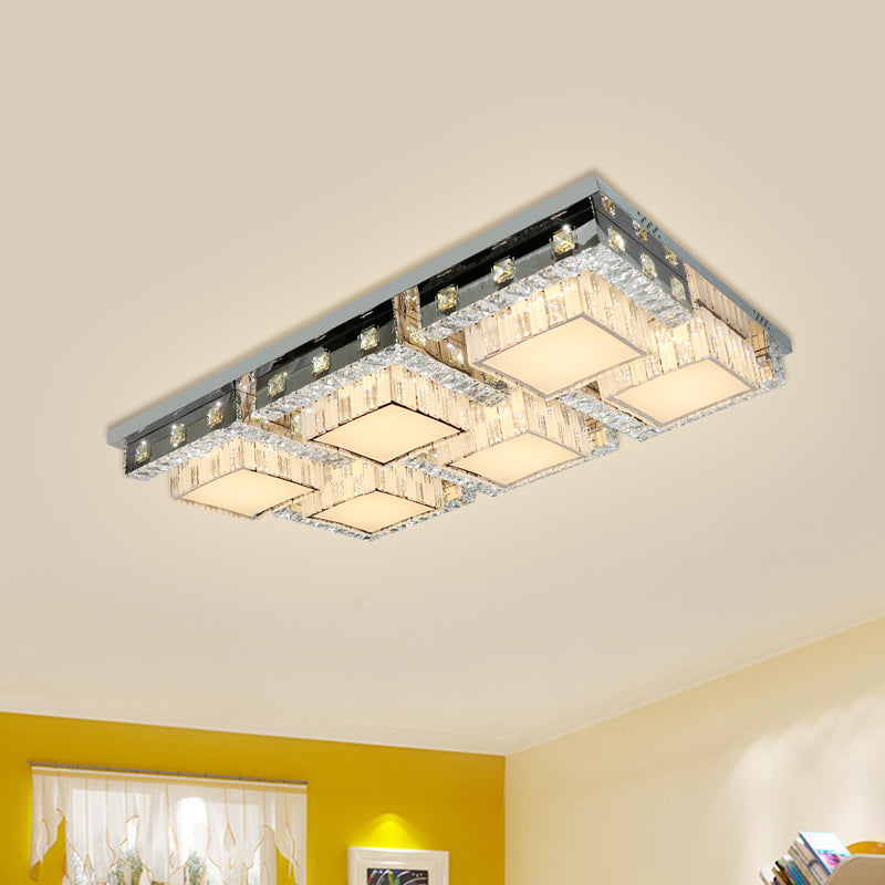 Modern Stainless-Steel LED Ceiling Light with Crystal Blocks - Rectangle/Square Shape, White Cubic Shade - 31"/46.5" Wide
