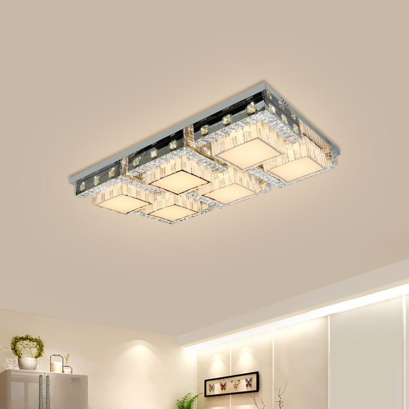 Modern Stainless-Steel LED Ceiling Light with Crystal Blocks - Rectangle/Square Shape, White Cubic Shade - 31"/46.5" Wide
