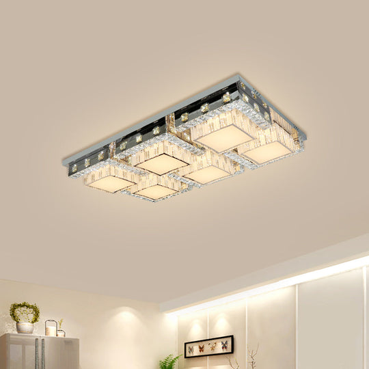 Modern Stainless-Steel LED Ceiling Light with Crystal Blocks - Rectangle/Square Shape, White Cubic Shade - 31"/46.5" Wide