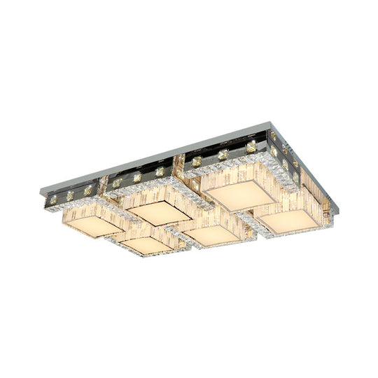 Modern Stainless-Steel LED Ceiling Light with Crystal Blocks - Rectangle/Square Shape, White Cubic Shade - 31"/46.5" Wide