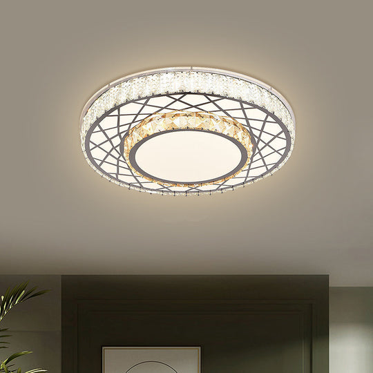 Clear LED Crystal Block Light Fixture - Modern Round Stainless-Steel Flush Mount for Great Room