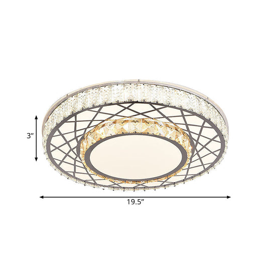 Clear Led Crystal Block Light Fixture - Modern Round Stainless-Steel Flush Mount For Great Room