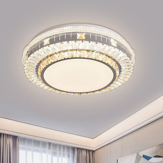 Clear LED Crystal Block Light Fixture - Modern Round Stainless-Steel Flush Mount for Great Room