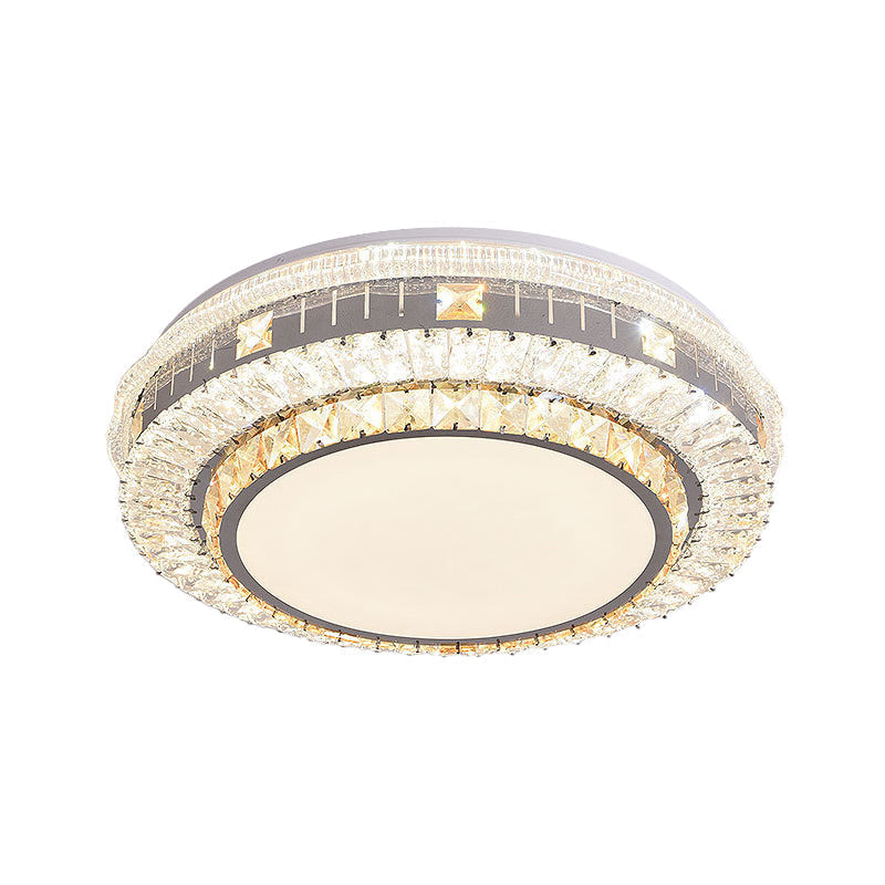 Clear LED Crystal Block Light Fixture - Modern Round Stainless-Steel Flush Mount for Great Room