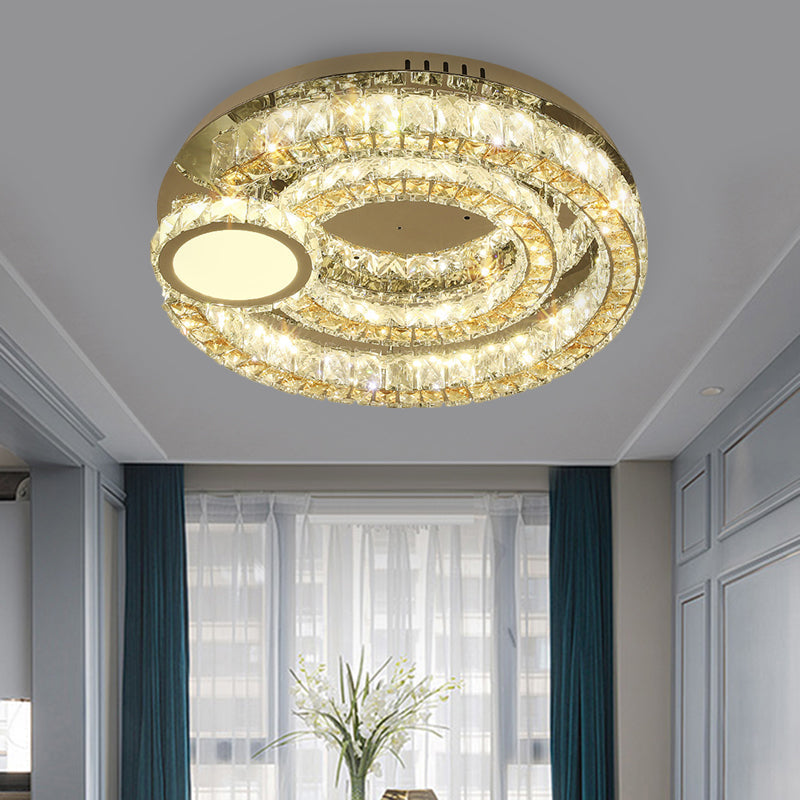 Contemporary Led Ring Flushmount: Stainless-Steel Finish Clear Faceted Crystal Blocks Ceiling Light