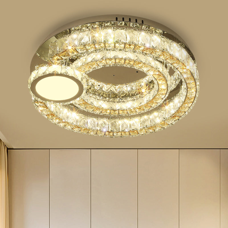 Contemporary LED Ring Flushmount: Stainless-Steel Finish, Clear Faceted Crystal Blocks Ceiling Light