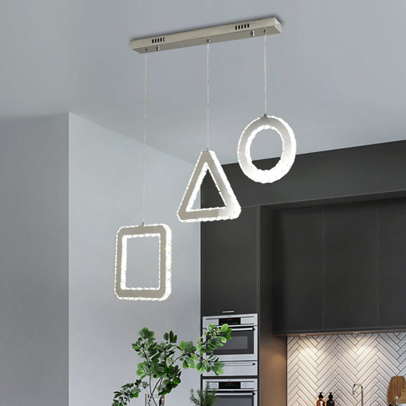 Contemporary LED Pendant Lighting with Clear Crystals and Stainless-Steel, Geometric Design, Linear/Round Canopy