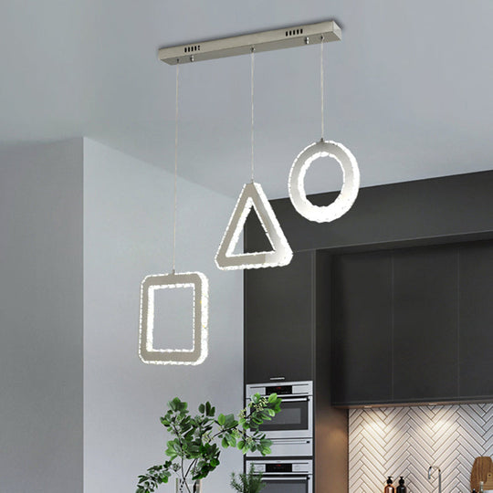 Contemporary LED Pendant Lighting with Clear Crystals and Stainless-Steel, Geometric Design, Linear/Round Canopy